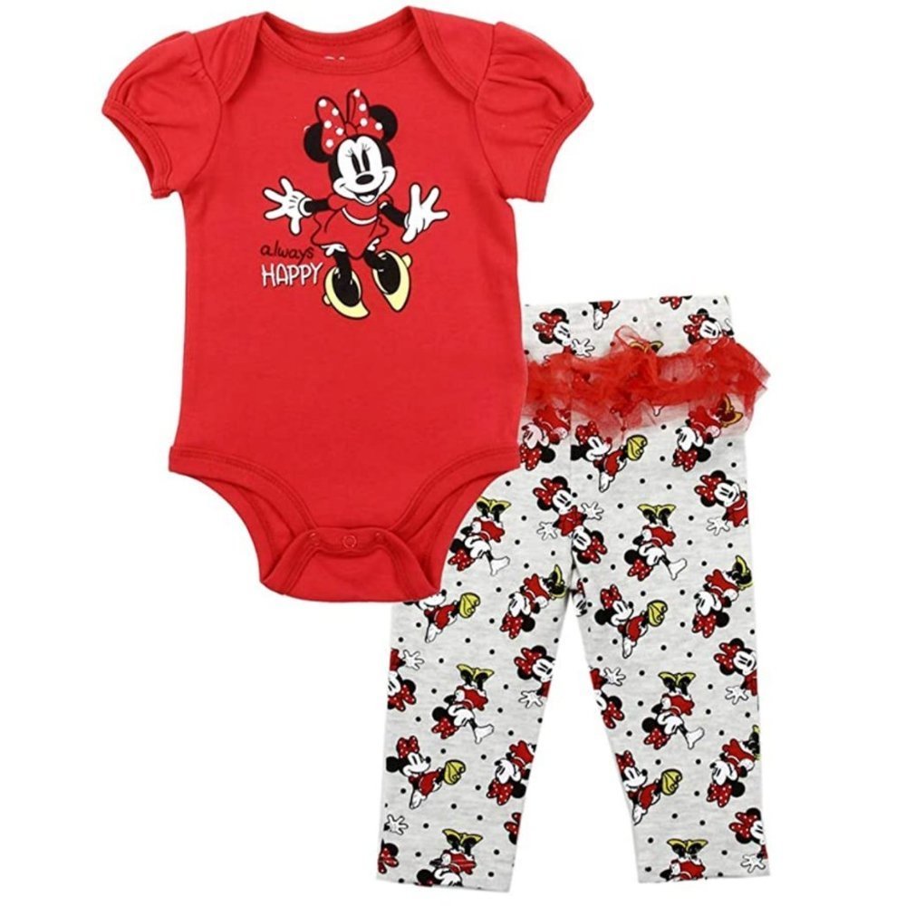 Minnie Mouse Newborn Girls 2PC Bodysuit & Pant Set Sizes 0-9M Red Gray Tulle